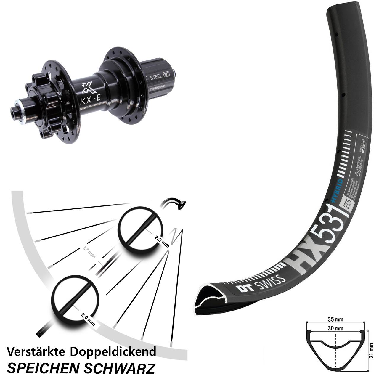 DT Swiss HX531 KX-E Heavy Duty 27,5 Zoll Disc Laufrad für Schnellsp. 8-12 fach HG