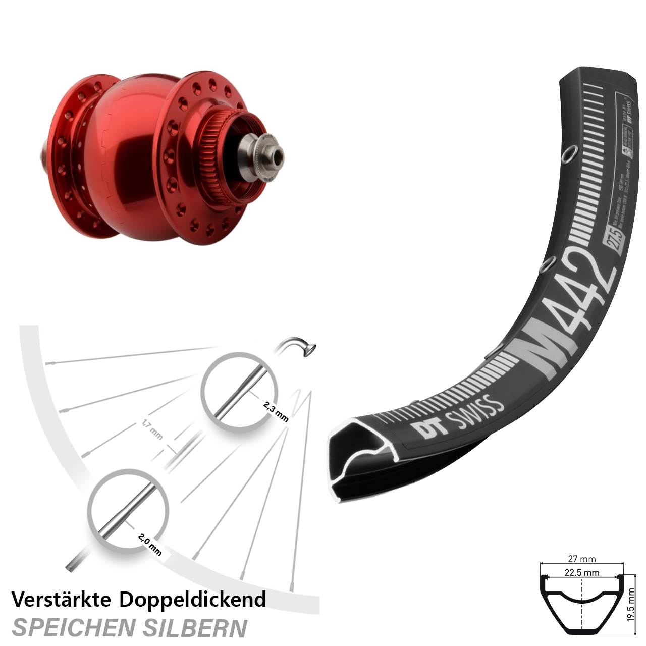 Disc Vorderrad mit Nabendynamo für Schnellspanner DT Swiss M442 SON 28 Zoll rot