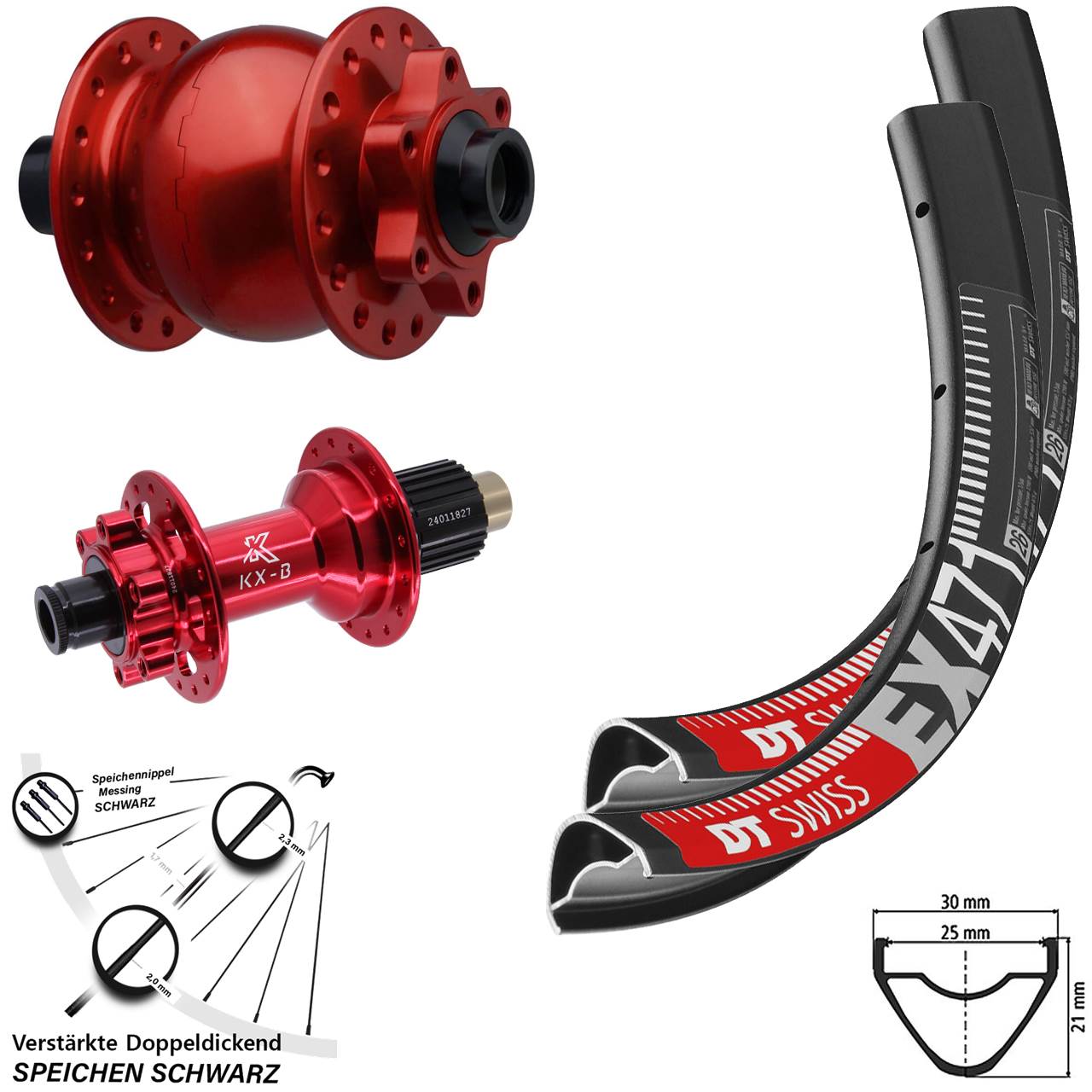 Disc Laufrad-Satz 15x110 12x148 29 Zoll DT Swiss EX471 KX-B rot SON 28 Shimano Micro Splin