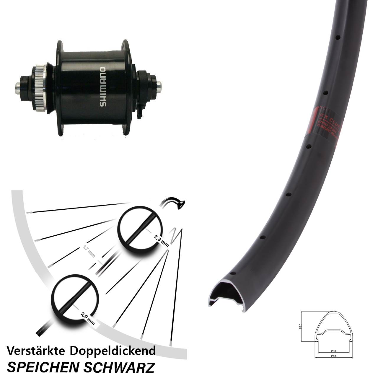 Nabendynamovorderrad Centerlock für Schnellspanner 26 Zoll KX Clue Shimano DH-UR700-3D