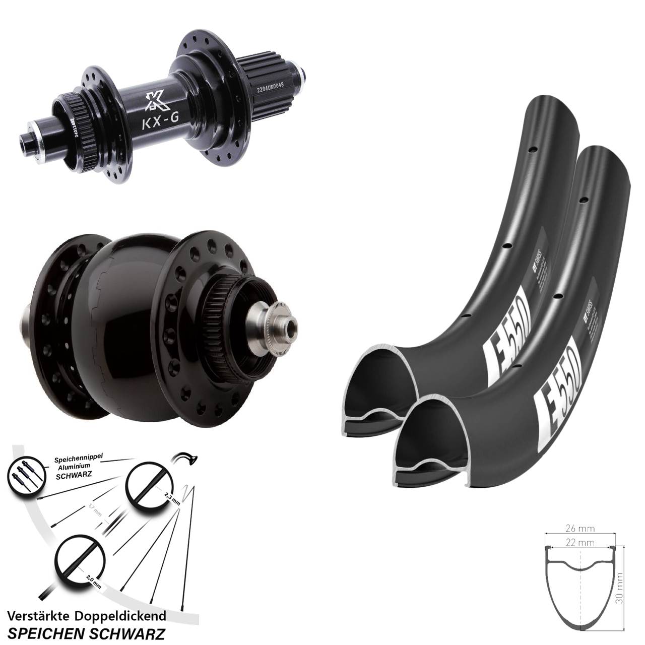 Disc Laufrad-Satz 28 Zoll DT Swiss E550 KX-GS verstärkt SON 28 Shimano Micro Spline QR