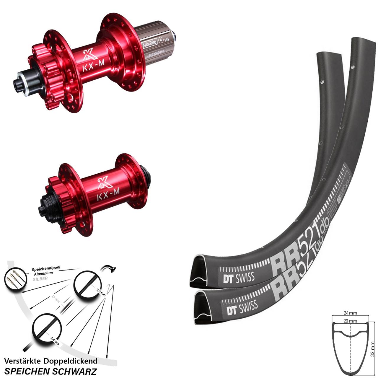 6-Loch Laufradsatz für Schnellspanner 28 Zoll DT Swiss RR521 KX-M rot 8-12 fach