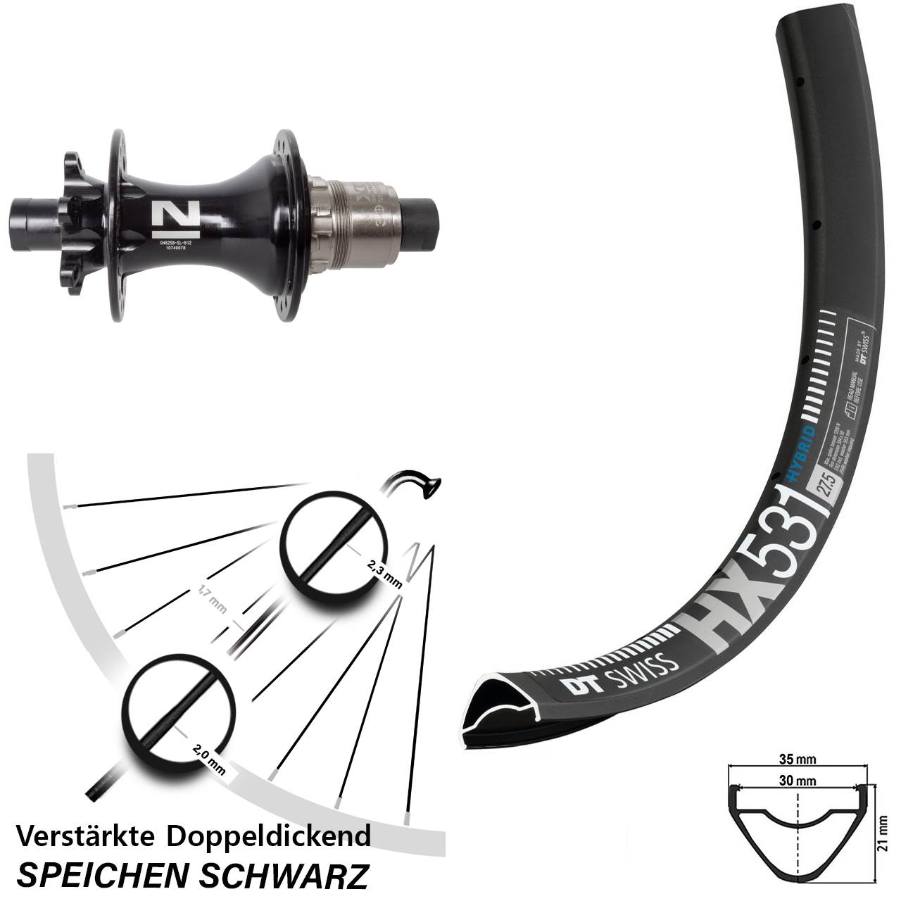 27,5 Zoll DT Swiss HX 531 Novatec D462SB Disc Hinterrad 12x148 SRAM XD