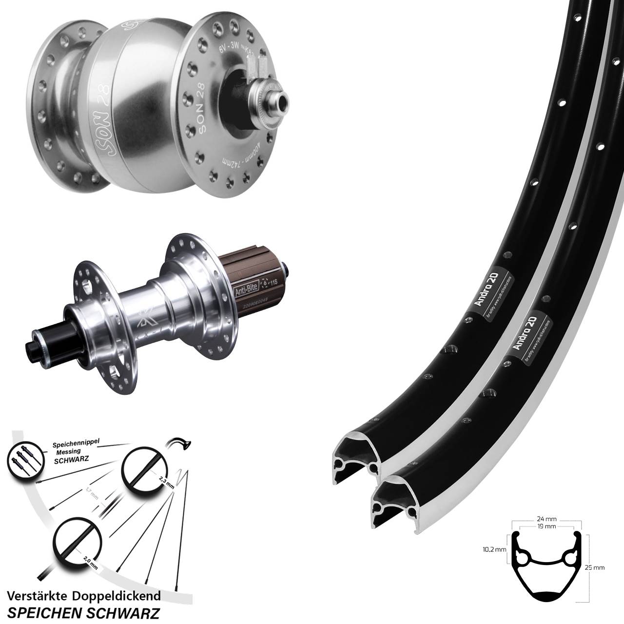 Laufrad-Satz SON 28 Zoll Ryde Andra 20 KX-T silbern 8-12 fach HG für Schnellspanner