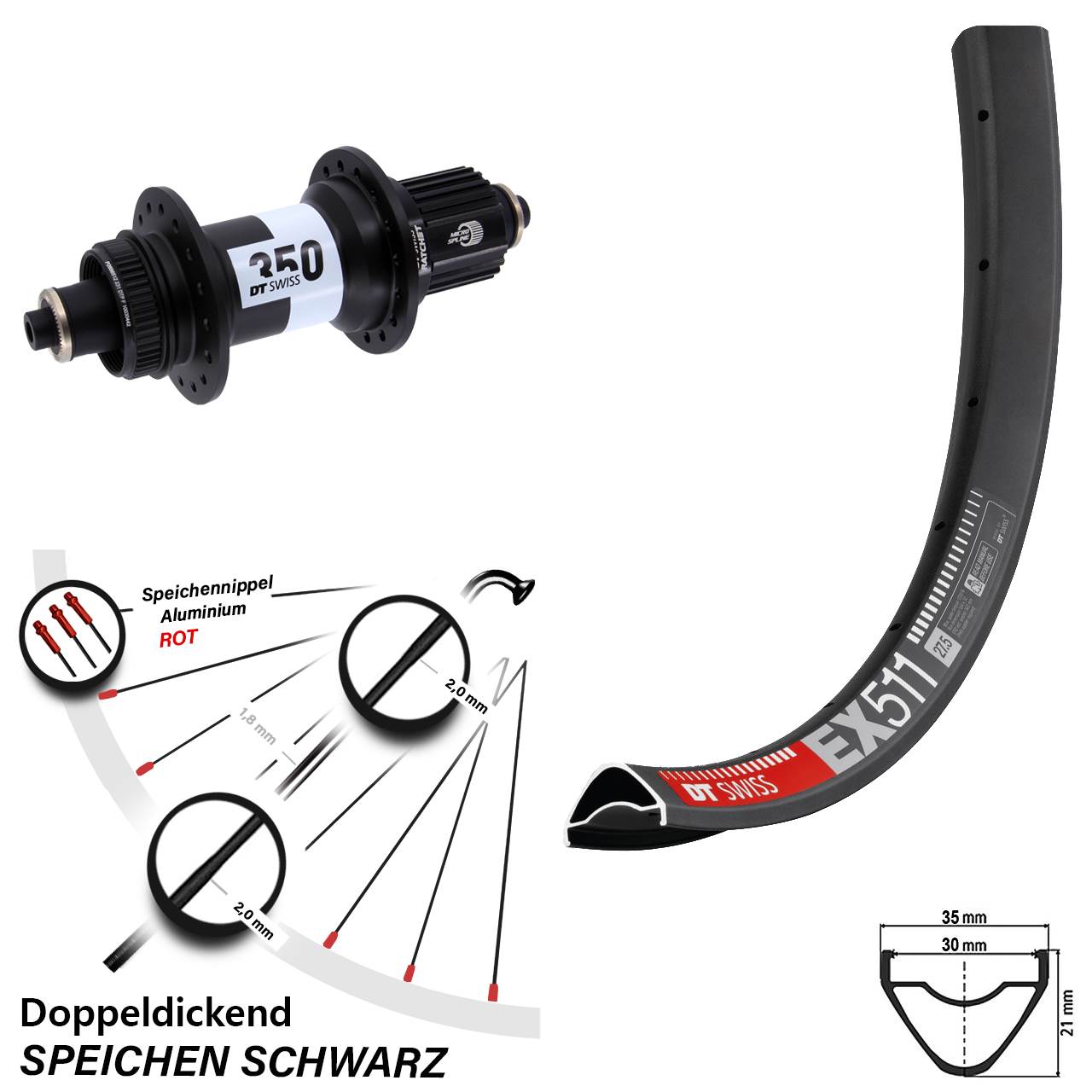 Disc Hinterrad für Schnellspanner 27,5 Zoll DT Swiss EX511-350 Micro Spline