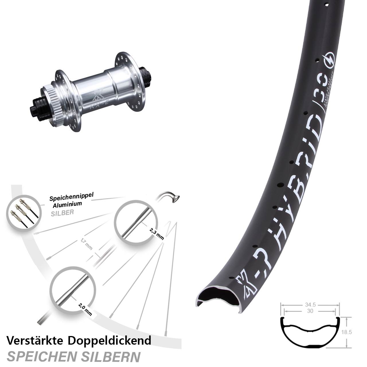 29 Zoll Vorderrad KX-ER Hybrid 30 verstärkt Centerlock 5x100 mm silbern eloxiert