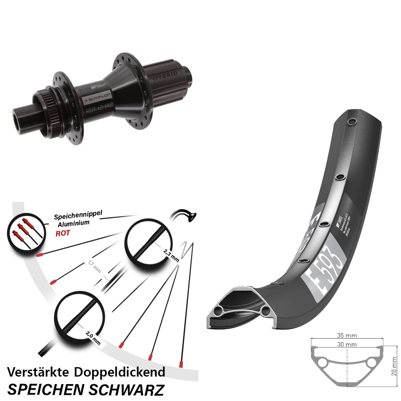 DT Swiss E 593-370 Hybrid 29 Zoll Hinterrad Centerlock 12x142 8-11 fach HG