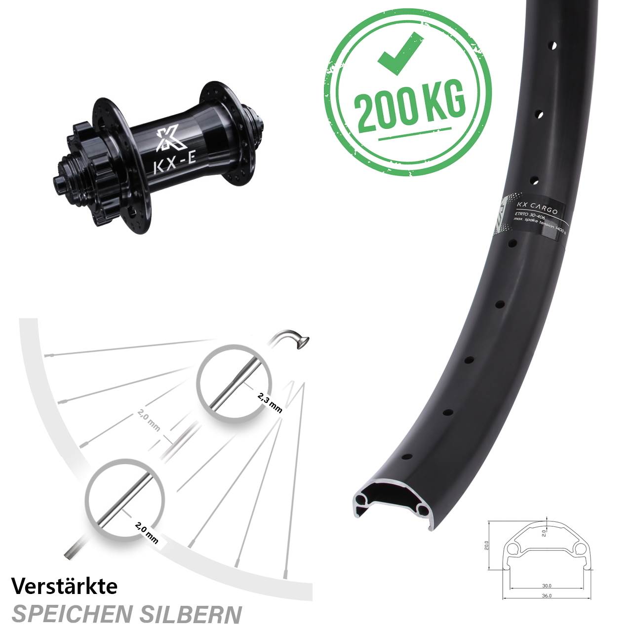 20 Zoll Vorderrad 5x100 mm 6-loch verstärkt KX Cargo für Lastenrad