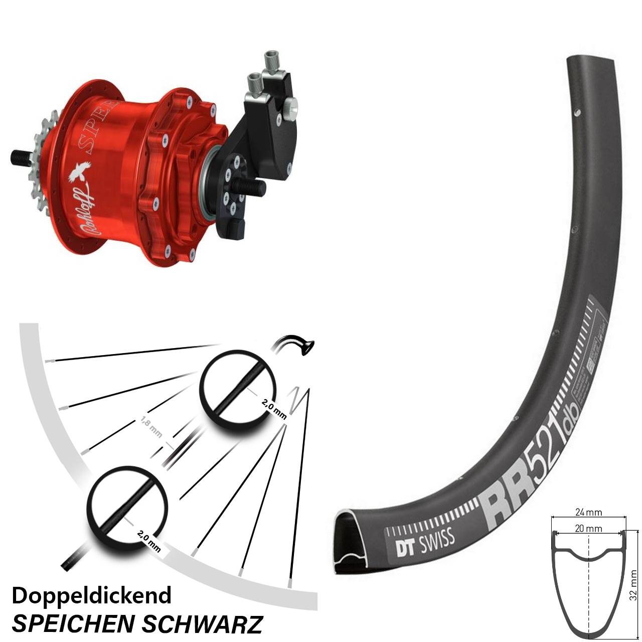 Hinterrad 28 Zoll DT Swiss RR 521 Disc Rohloff Speedhub 500/14 TS DB OEM Tandem rot