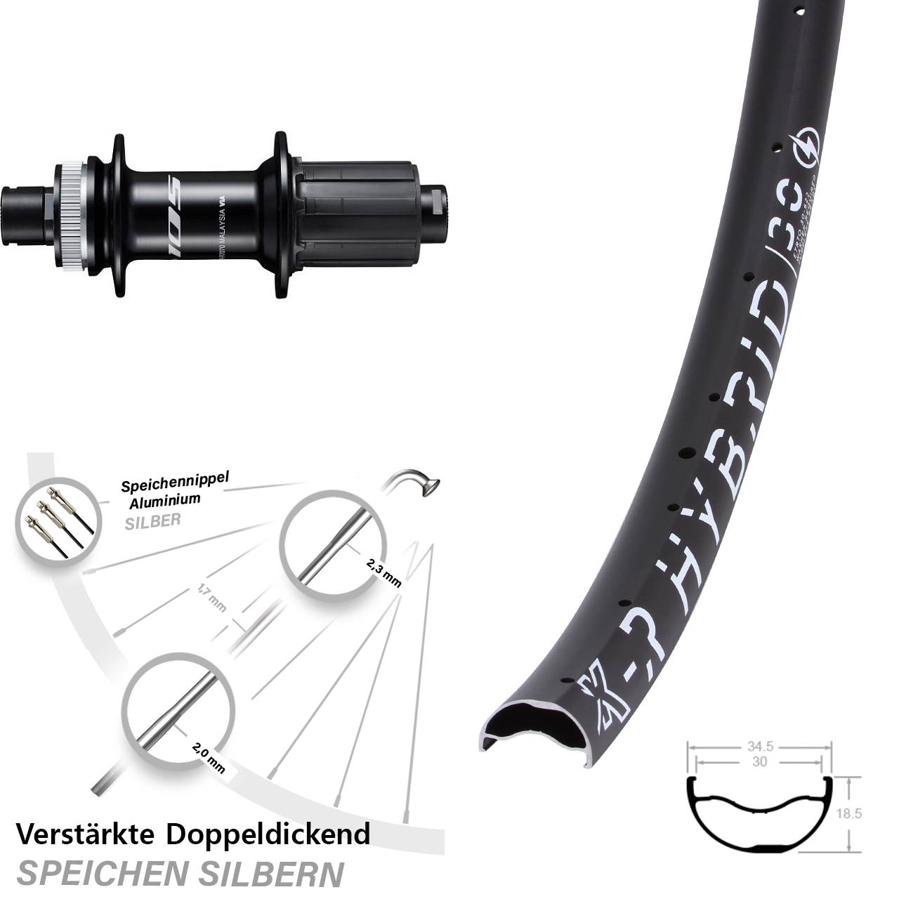 29 Zoll KX-R Hybrid 30 Shimano 105 FH-R7070 Centerlock Hinterrad 12x142 8-12 fach HG