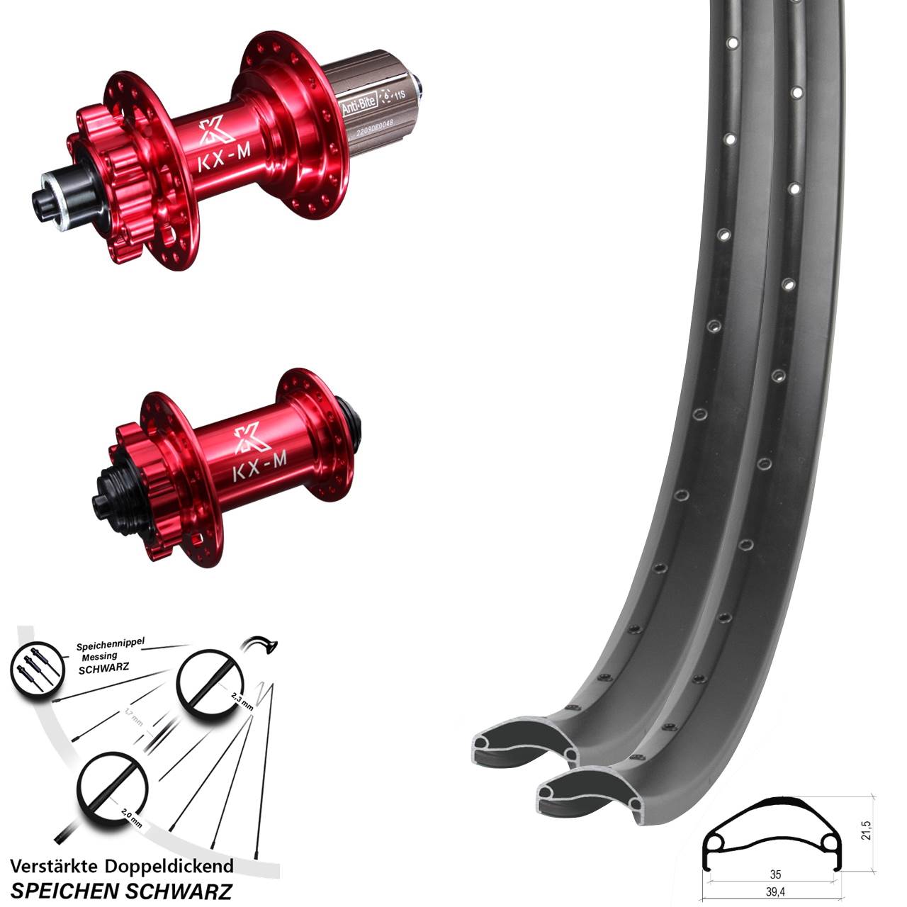 Ambrosio E35 KX-M rot 27,5 Zoll Laufradsatz 6-Loch für Schnellspanner 8-12 fach HG