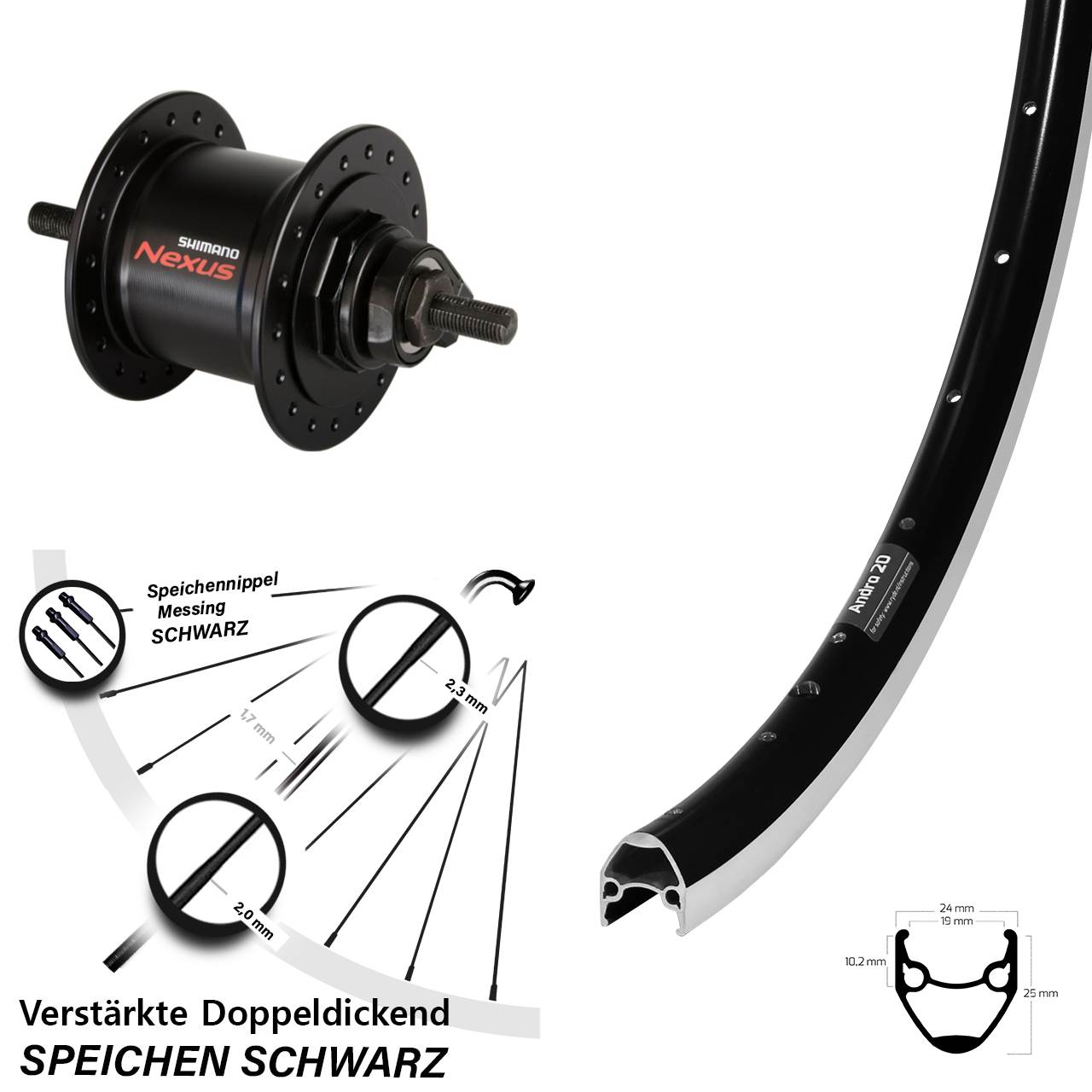 28 Zoll Ryde Andra 20 Shimano Nexus DH-C3000-1N Dynamo-Vorderrad Vollachse