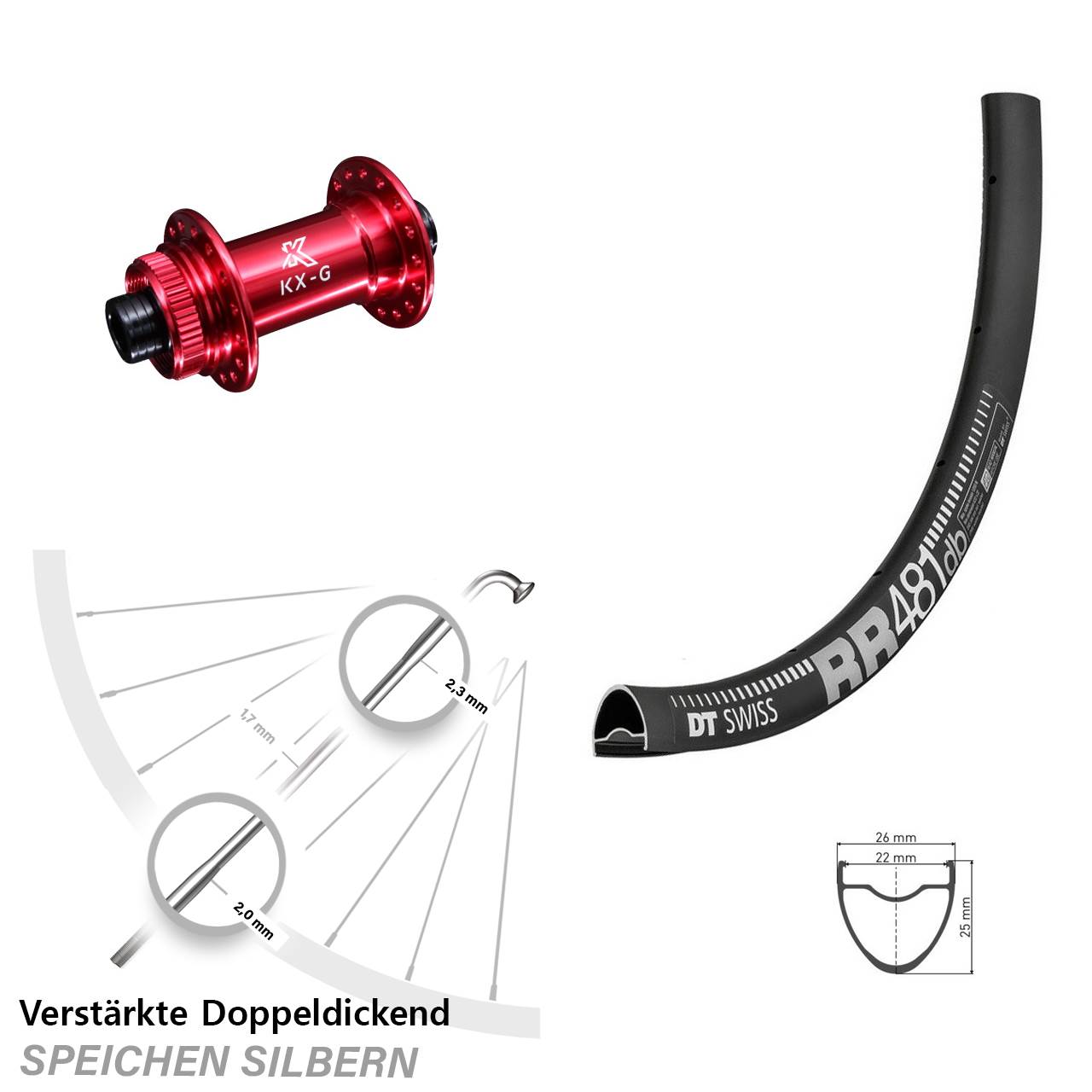 Vorderrad 28 Zoll DT Swiss RR 481 DB Disc verstärkt KX-G rot 12x100