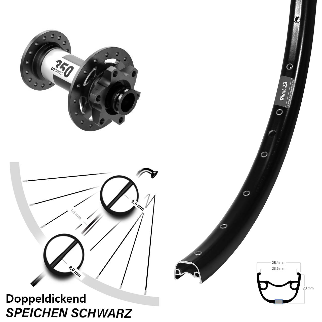 Laufrad 27,5 Zoll Ryde Rival 23 Disc schwarz DT Swiss 350 15x110 6-Loch
