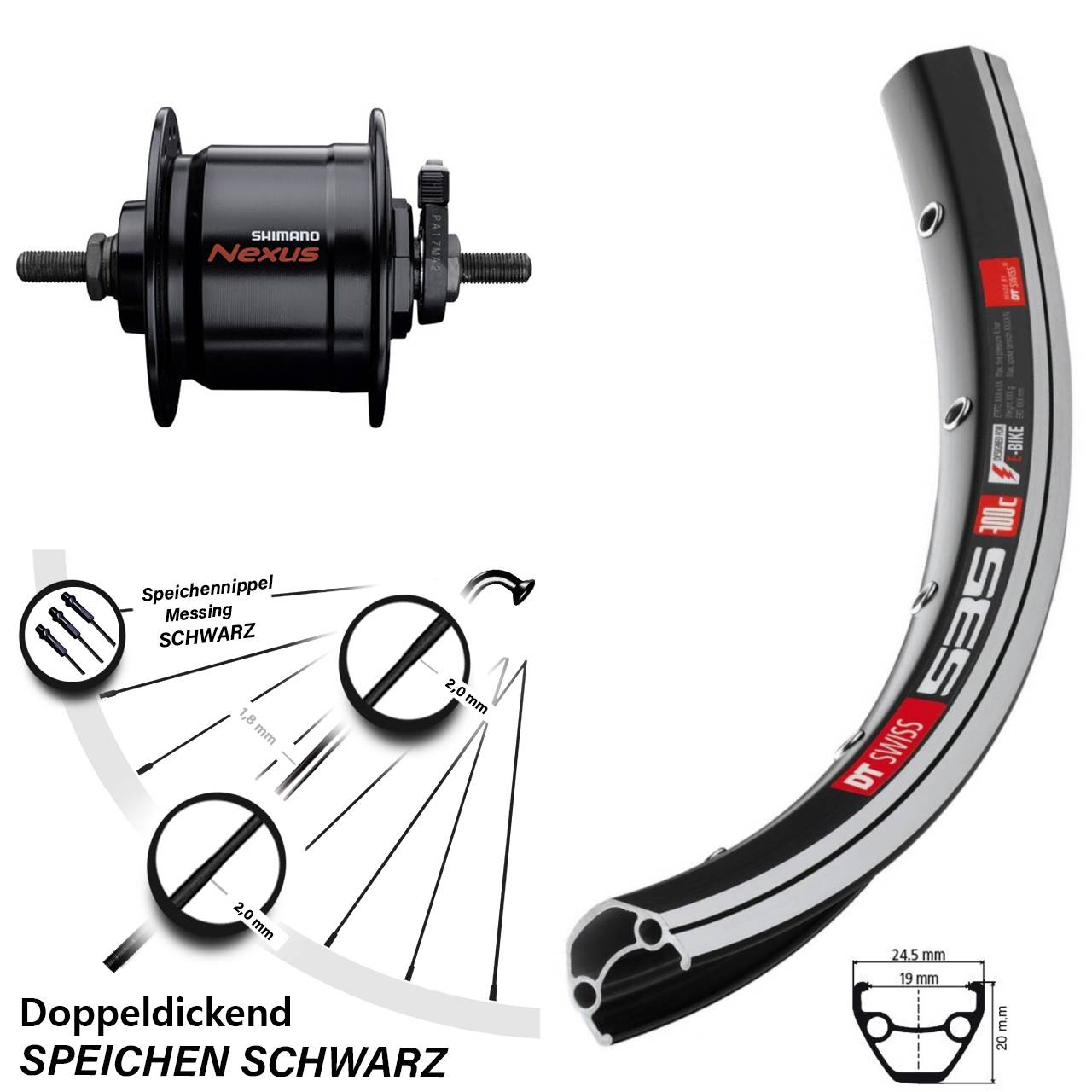 28 Zoll DT Swiss 535 Shimano DH-C3000-3N Dynamo-Vorderrad Vollachse