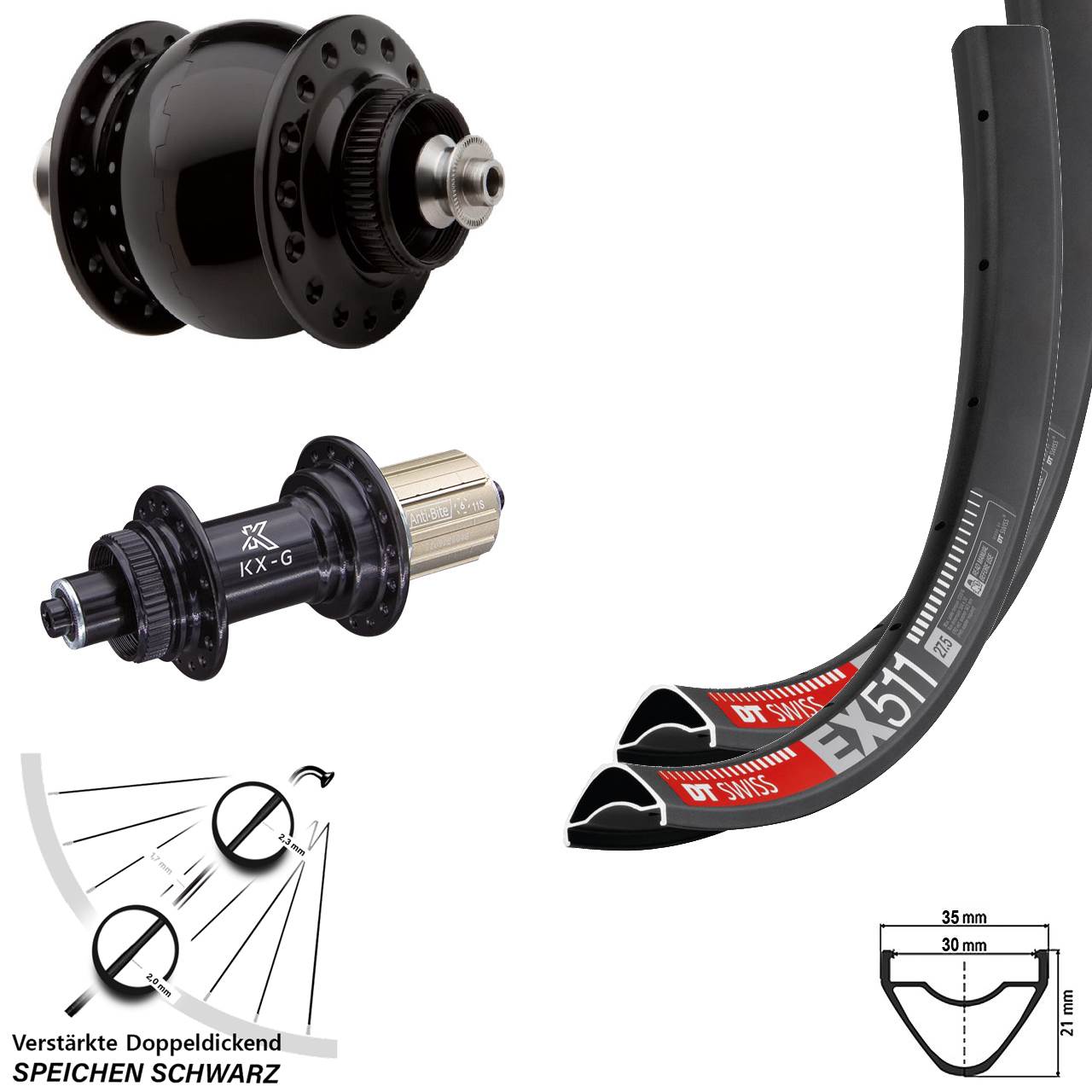 DT Swiss EX 511 KX-G SON 28 27,5 Zoll Centerlock Laufradsatz für Schnellspanner 8-12 fach