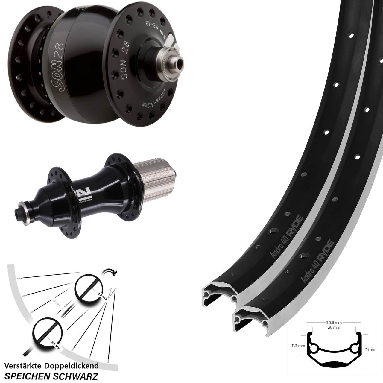 Laufradsatz 20/26 Zoll Ryde Andra 40 Novatec F162 Strong SON 28 8-12 fach QR