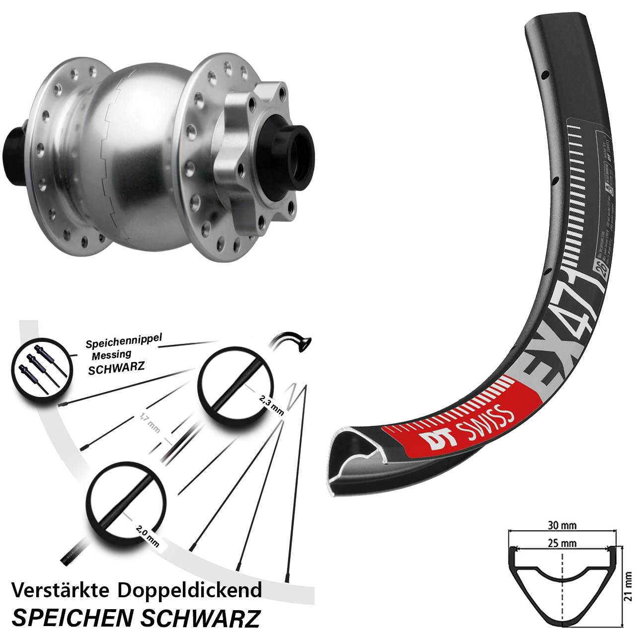 Disc Laufrad mit Nabendynamo 27,5 Zoll DT Swiss EX471 SON 28 silbern 15x110 Boost