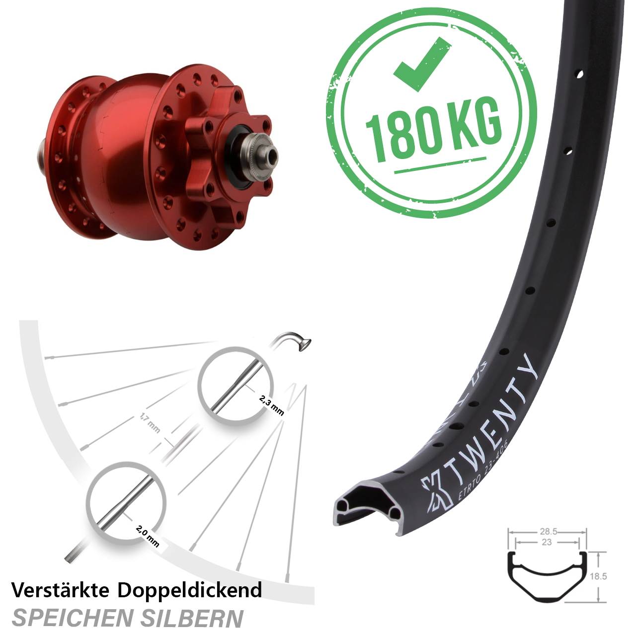 20 Zoll Vorderrad SON 28 Nabendynamo rot KX Twenty Cargo light 6-Loch