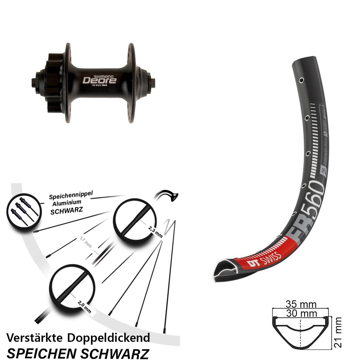 26 Zoll DT Swiss FR 560 Shimano Deore HB-M525 Disc Laufrad für Schnellspanner