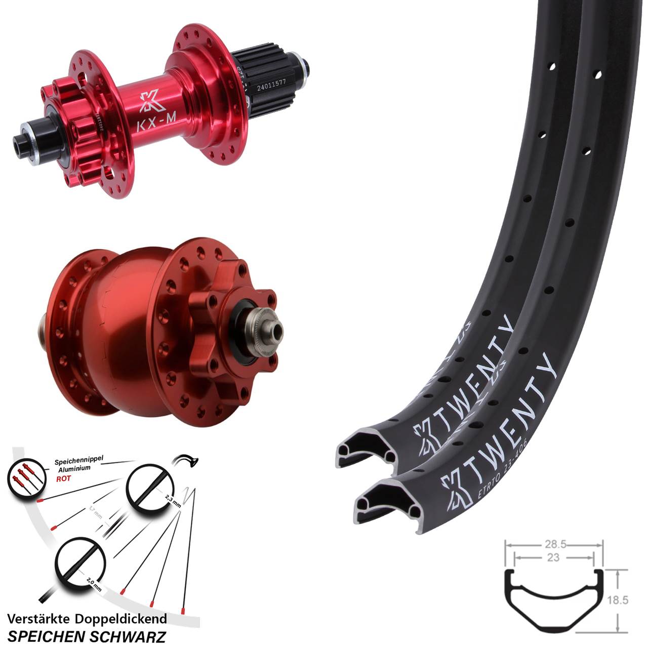 KX-M Twenty rot SON 28 20 Zoll Laufradsatz 6-Loch QR Shimano Micro Spline