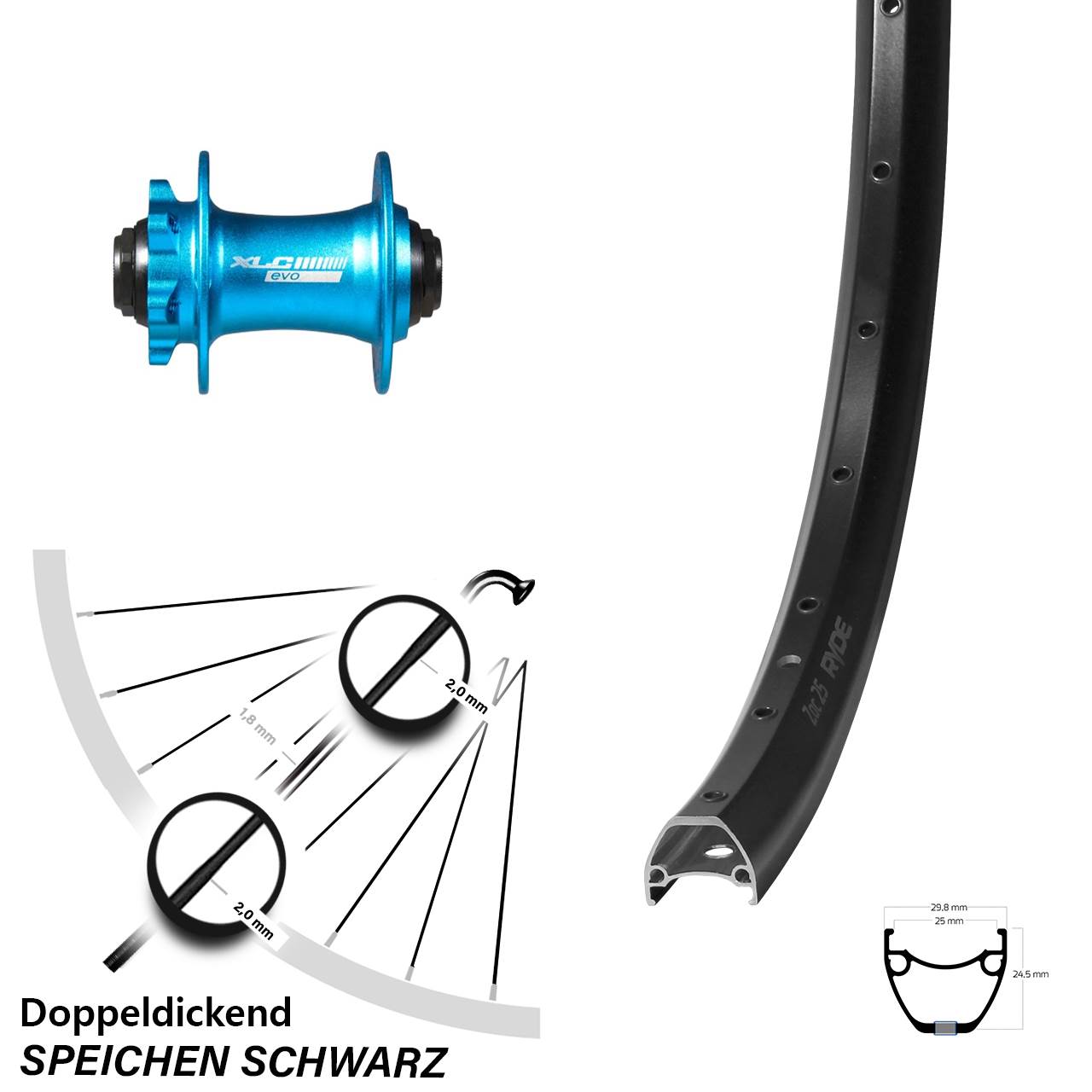 Vorderrad 6-Loch 29 Zoll Ryde ZAC 25 XLC blau 15x100