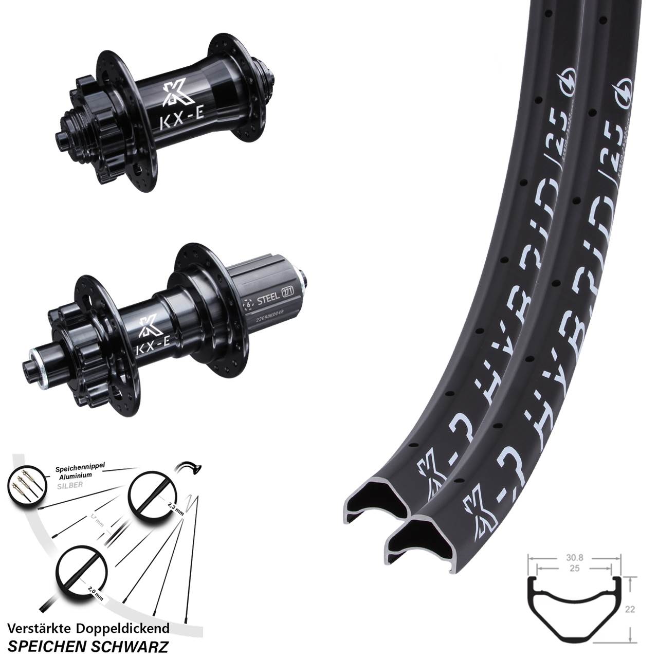 29 Zoll E-Bike Laufradsatz KX-ER Hybrid 25 Schnellspanner 6-loch Disc verstärkt 8-12 fach