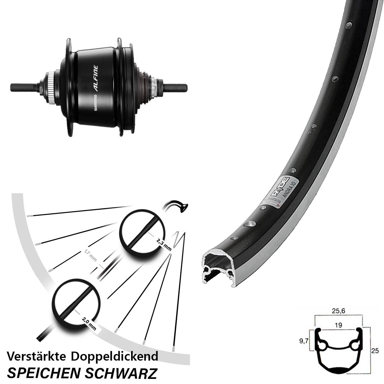 20 Zoll Hinterrad Shimano Alfine 8 Gang Ryde Andra 10