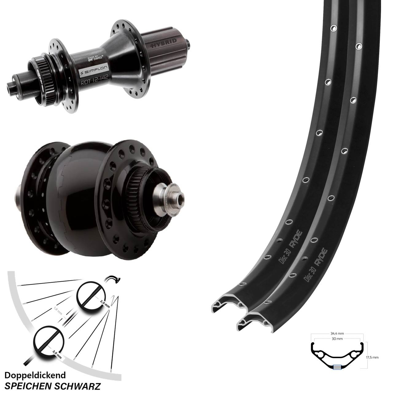 29 Zoll Ryde Disc 30 DT Swiss 370 Hybrid SON delux Laufradsatz Centerlock QR 8-11 fach