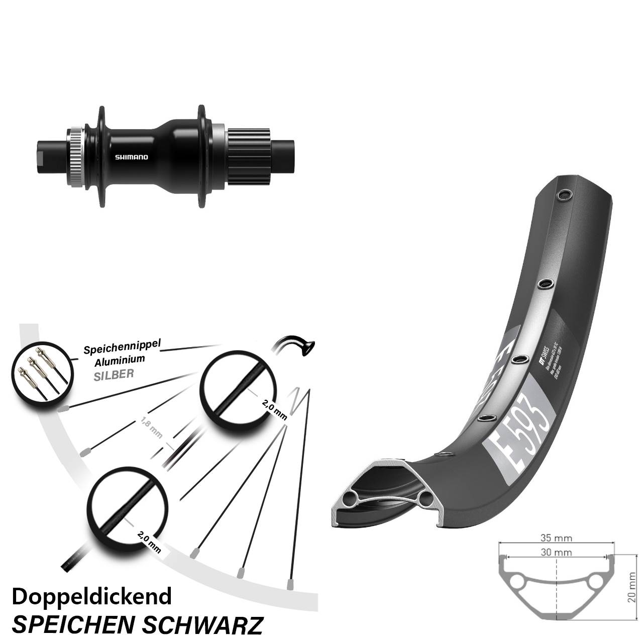 DT Swiss E593 Shimano FH-TC500-B 29 Zoll Centerlock Hinterrad 12x148 Micro Spline