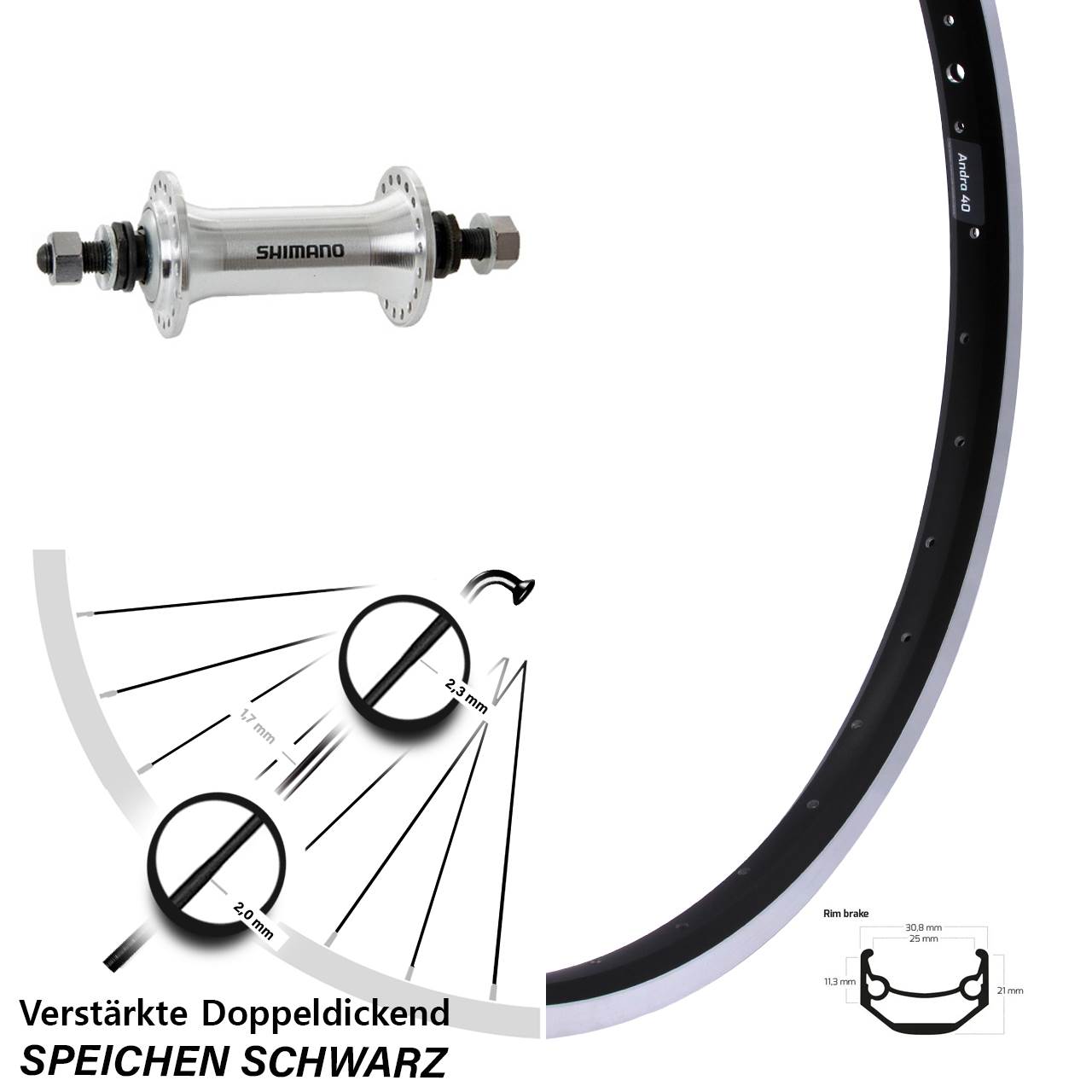 Ryde Andra 40 Vorderrad 28 Zoll verstärkt Shimano HB-TX500