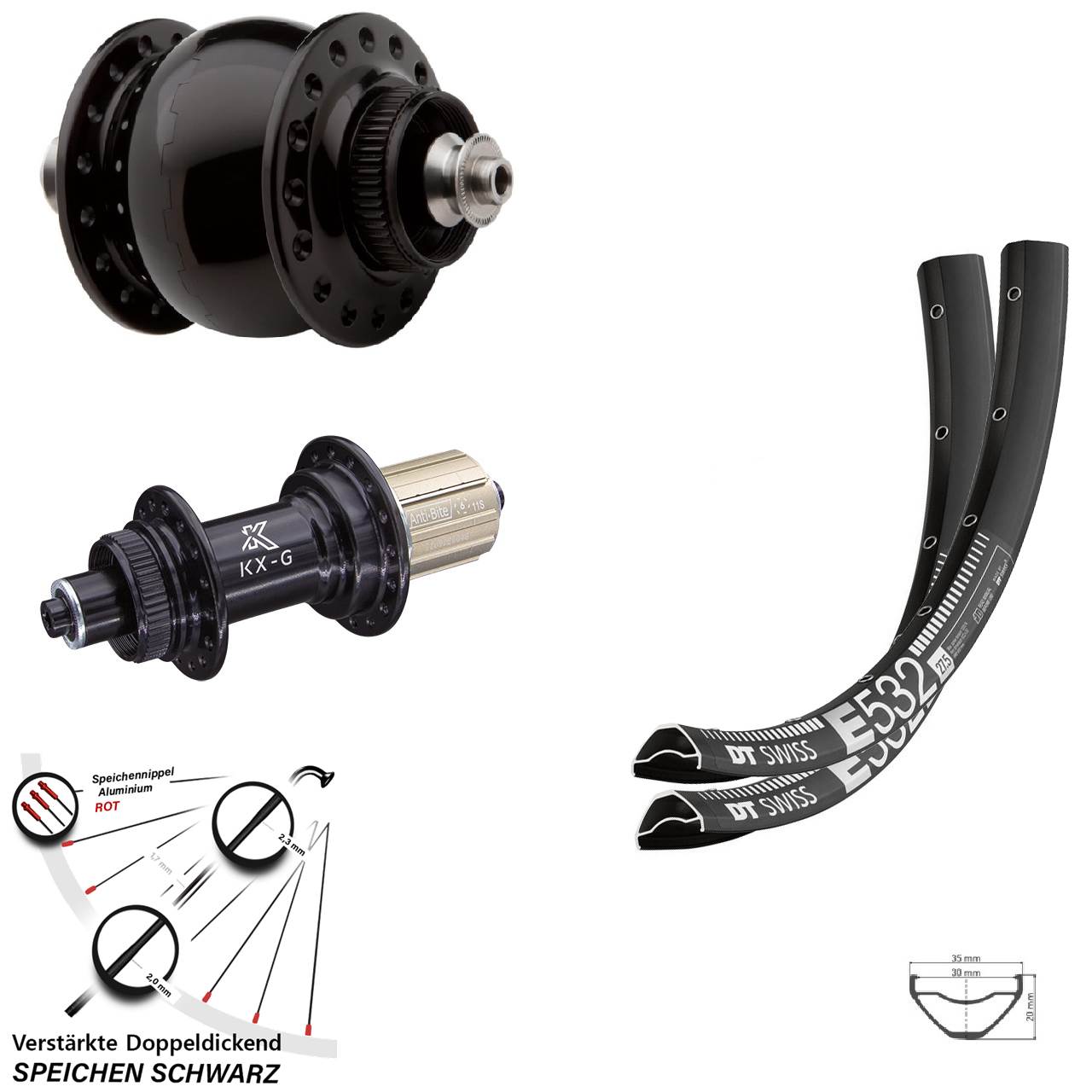 DT Swiss E532 KX-G SONdelux 27,5 Zoll Disc Laufrad-Satz für Schnellspanner 8-12 fach HG