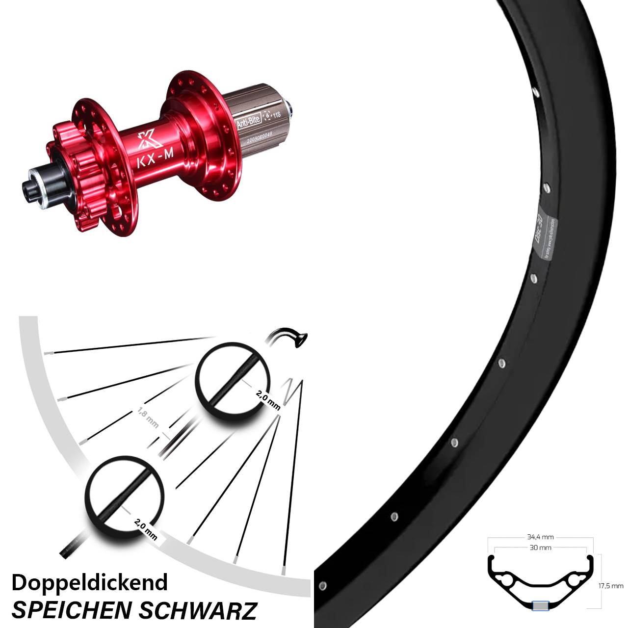 Ryde Disc 30 KX-M rot 27,5 Zoll 6-Loch Hinterrad QR 8-12 fach