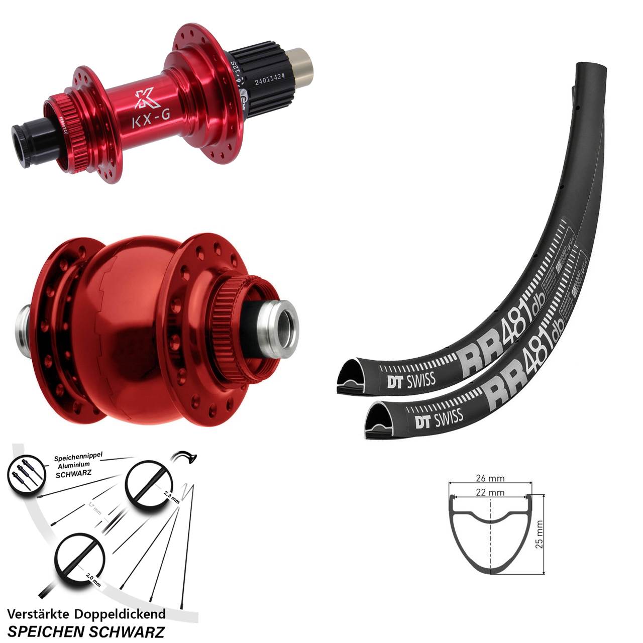 28 Zoll DT Swiss RR481 KX-G rot SON 28 Laufradsatz Disc 12x100/142 Micro Spline