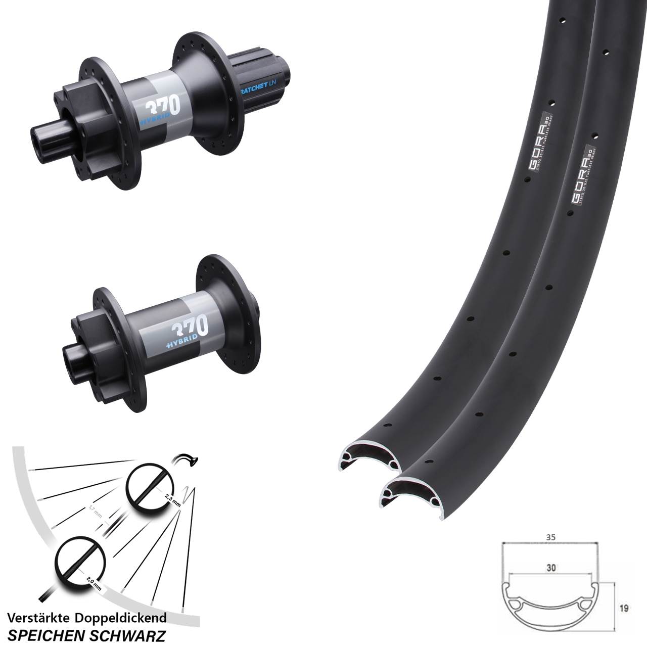 6-Loch Laufradsatz 20 Zoll Gora 30 DT Swiss 370 Hybrid 8-11 fach 15x110 12x148