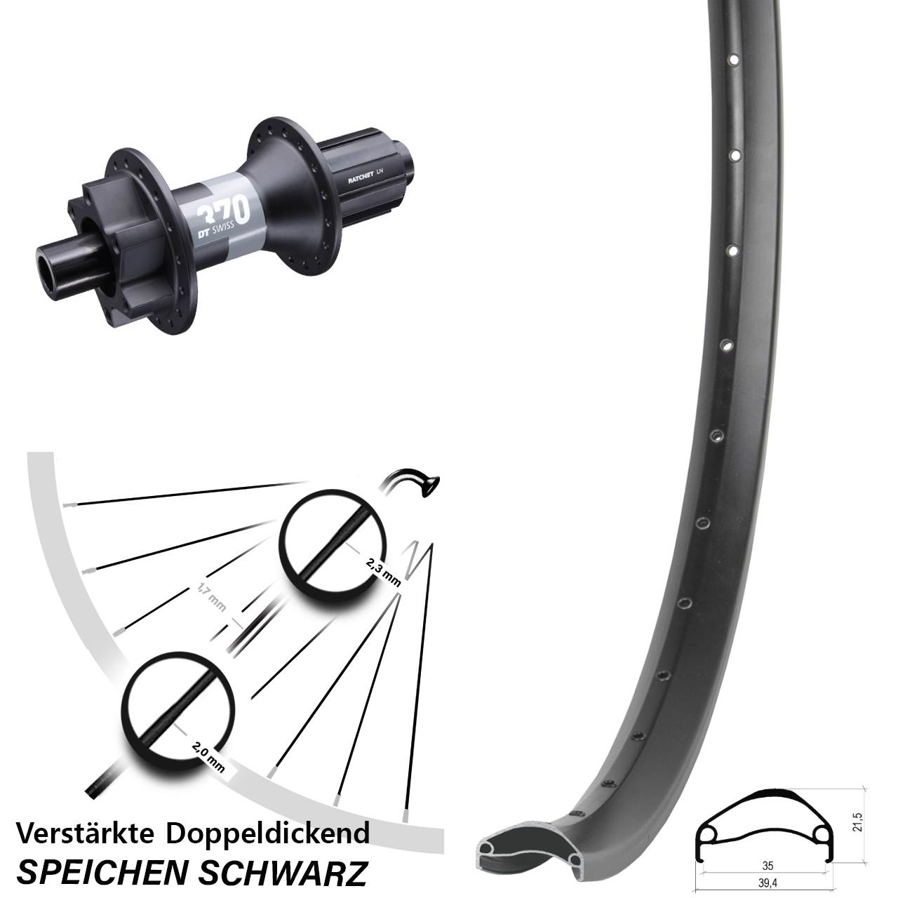 27,5 Zoll Ambrosio E35 DT Swiss 370 Hinterrad 6-Loch 12x148 8-11 fach HG