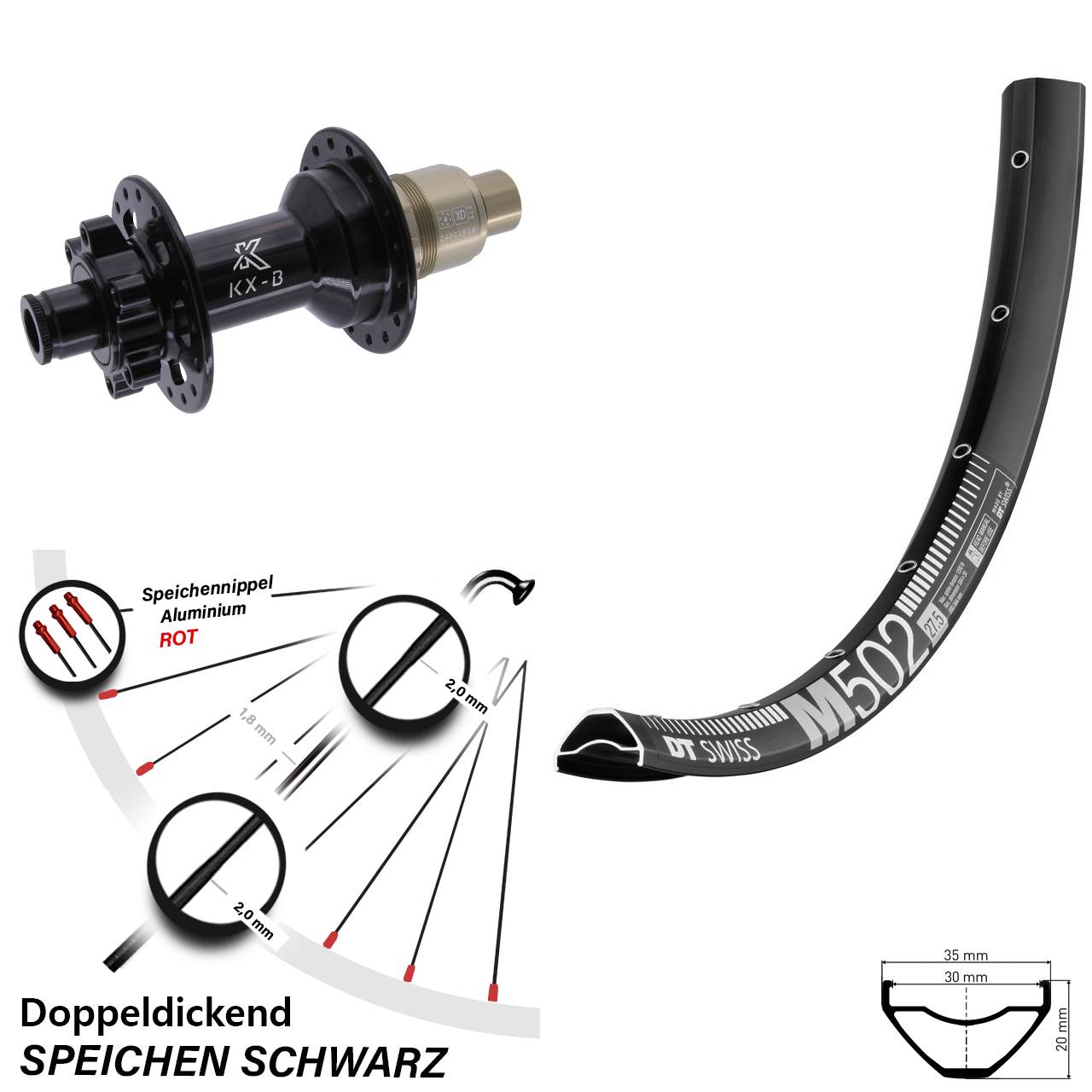 DT Swiss M 502 27,5 Zoll Hinterrad KX-B 6-Loch XD 12x148