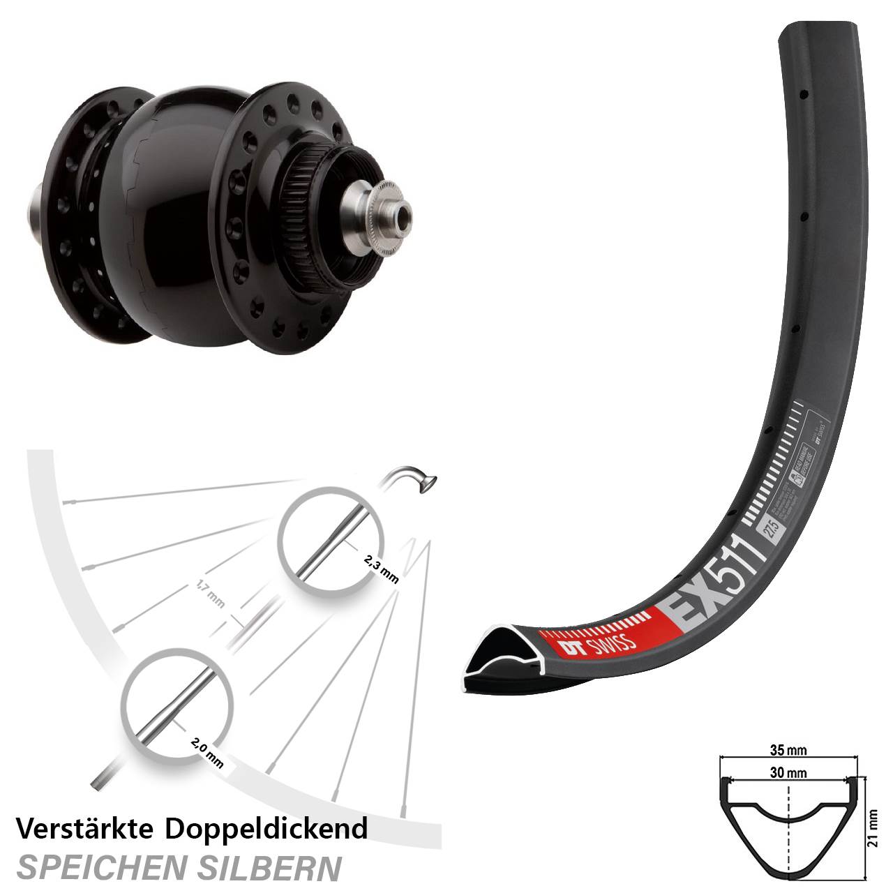 Nabendynamovorderrad Centerlock QR 27,5 Zoll DT Swiss EX511 SON 28