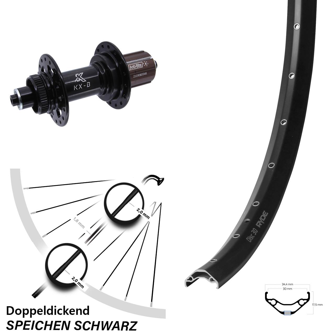 Disc Laufrad 27,5 Zoll Ryde Disc 30 KX-B 8-12 fach HG für Schnellspanner Boost