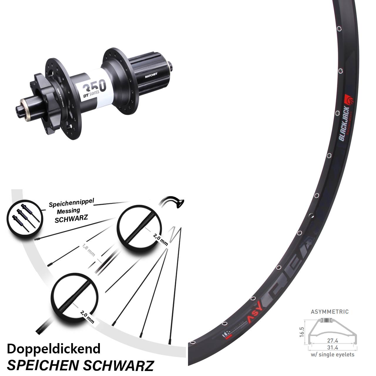 27,5 Zoll Hinterrad DT Swiss 350 5x135 mm Rodi Ready 27 für 6-Loch 8-11 fach