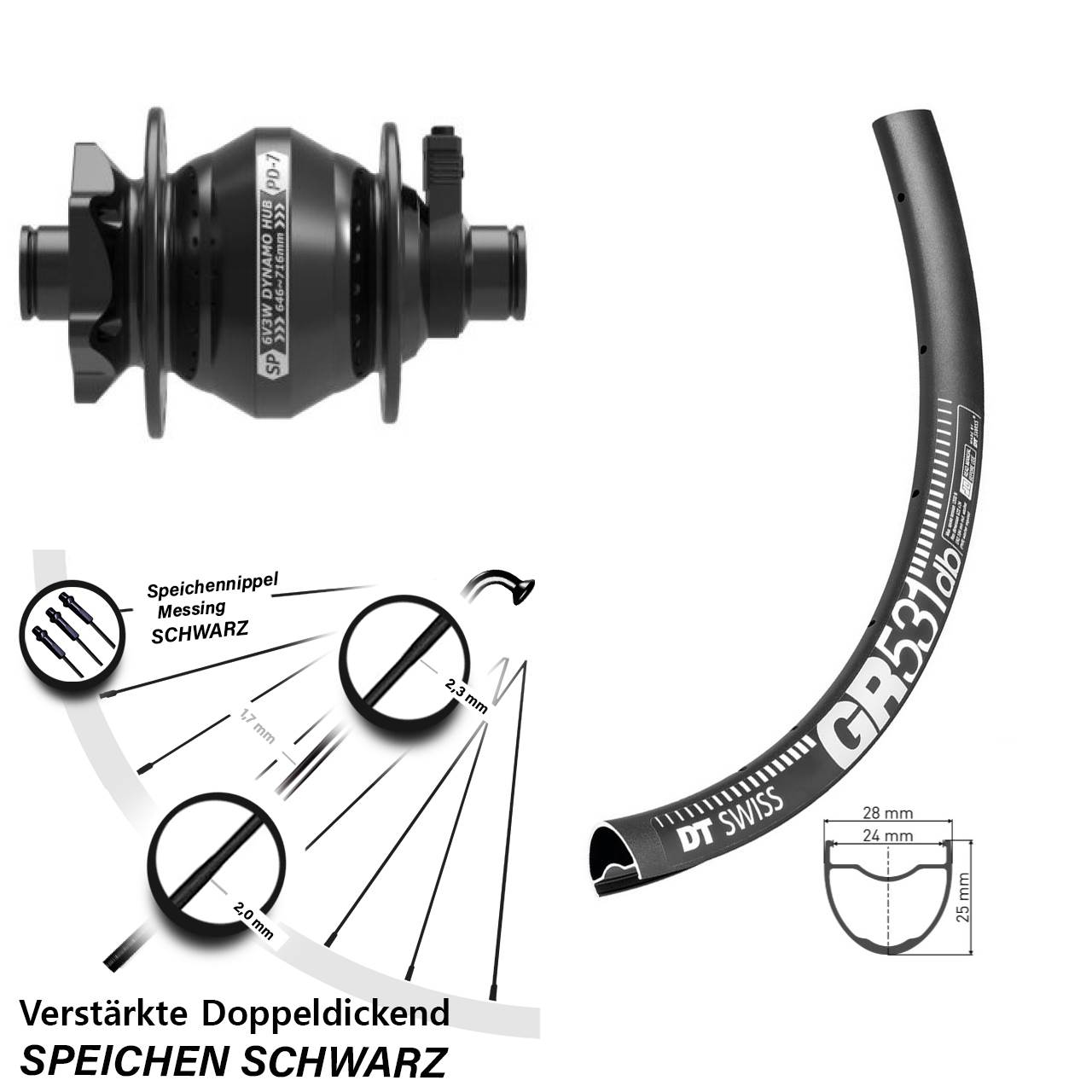 650B DT Swiss GR 531 Shutter Precision PD-7 6-Loch Nabendynamo-Vorderrad 12x100