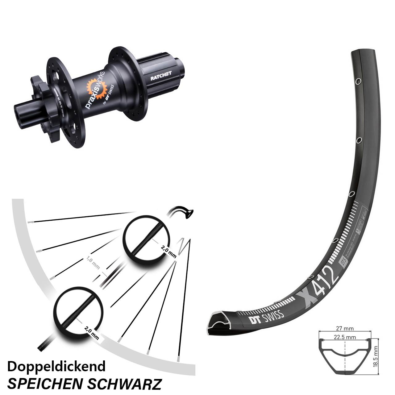 28 Zoll DT Swiss X 412-350 Hinterrad 6-Loch 12x142 8-11 fach