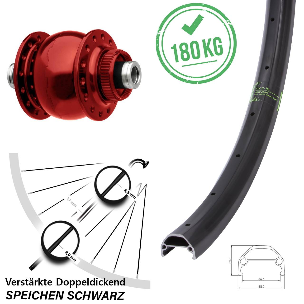 SON 28 rot KX Evo 26 Zoll Centerlock Dynamovorderrad 12x100