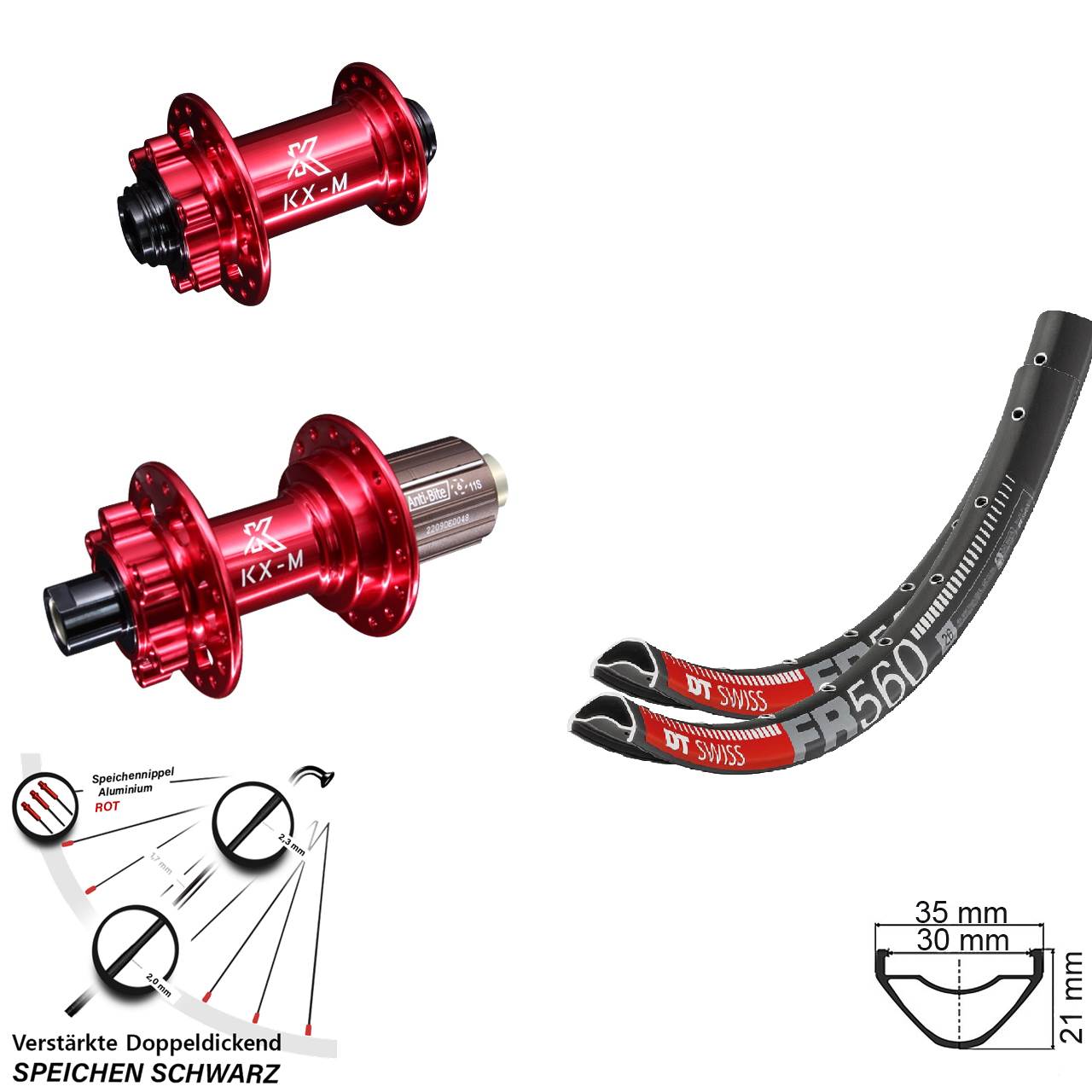 26 Zoll DT Swiss FR560 KX-M rot Laufradsatz 6-Loch 15x100 12x142 8-12 fach HG