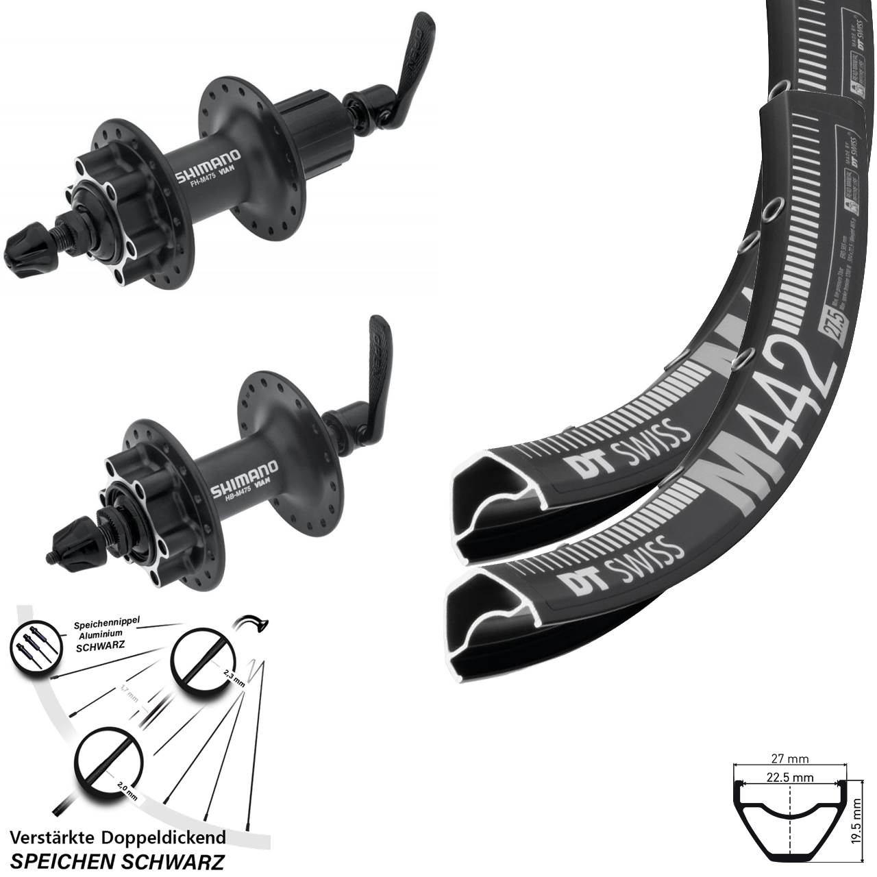 28-29 Zoll DT Swiss M442 Shimano HB-M475 FH-M475 6-Loch Laufradsatz QR 8-11 fach
