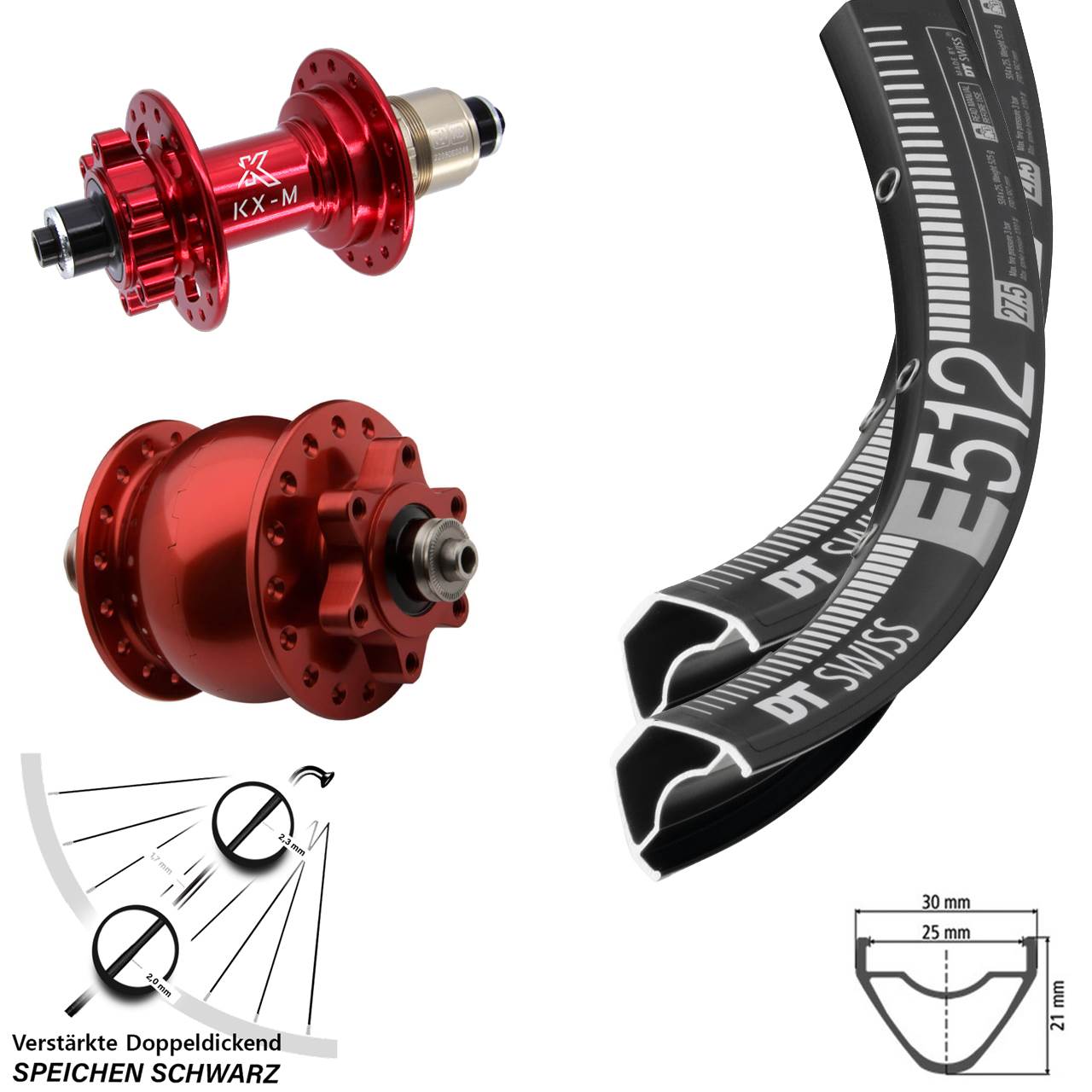 29 Zoll DT Swiss E 512 KX-M rot SON 28 Disc Laufrad-Satz für Schnellspanner XD 11-12 fach