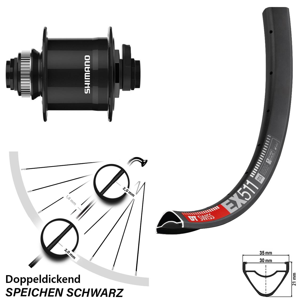 Centerlock Dynamo-Vorderrad 15x100 29 Zoll DT Swiss EX511 Shimano DH-UR708