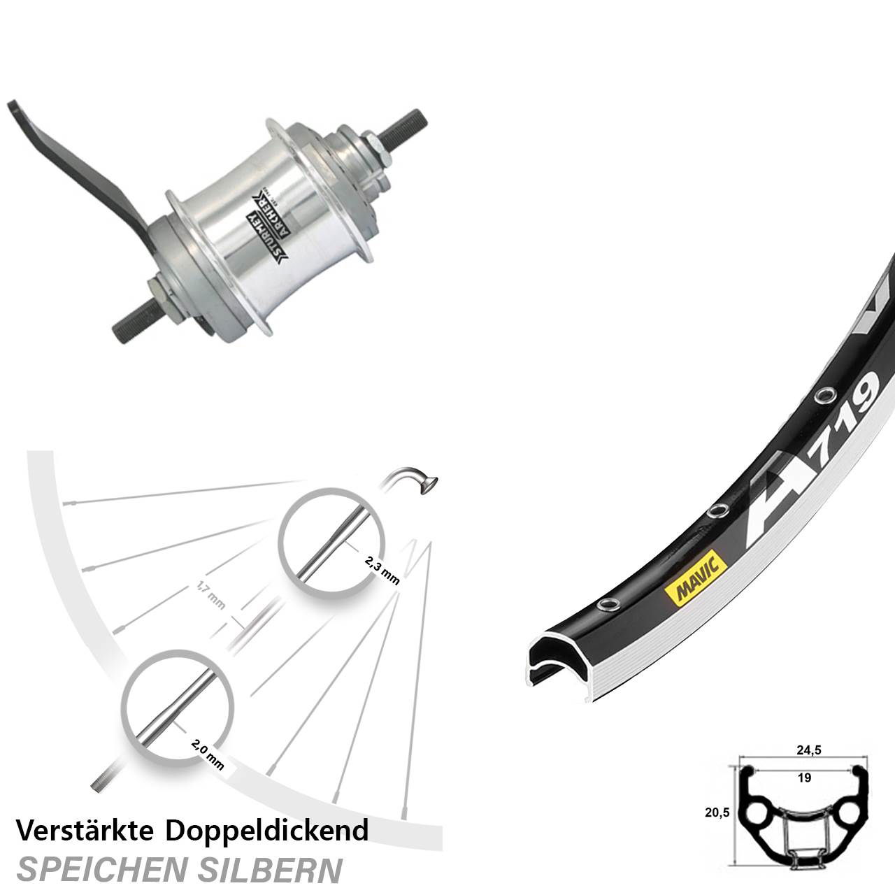 Mavic A719 Sturmey Archer Duomatic Kick-Shift Hinterrad 28 Zoll Rücktrittbremse