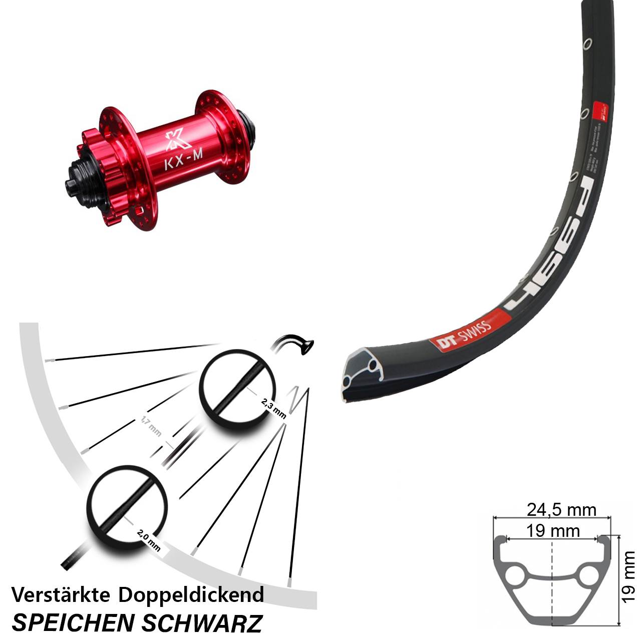 29 Zoll DT Swiss 466 KX-M rot Vorderrad 6-Loch für Schnellspanner