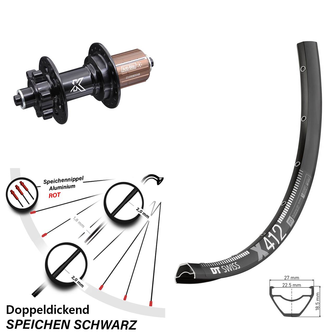 28 Zoll DT Swiss X412 KX-M Disc Laufrad für Schnellspanner 8-12 fach HG